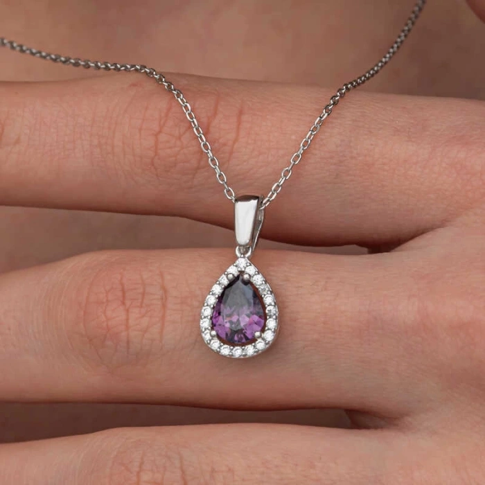 Kadın Gümüş Damla Mor Taşlı Kadın Kolye