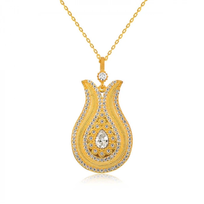 Kadın Gümüş Damla Taşlı Lale Bayan Kolye