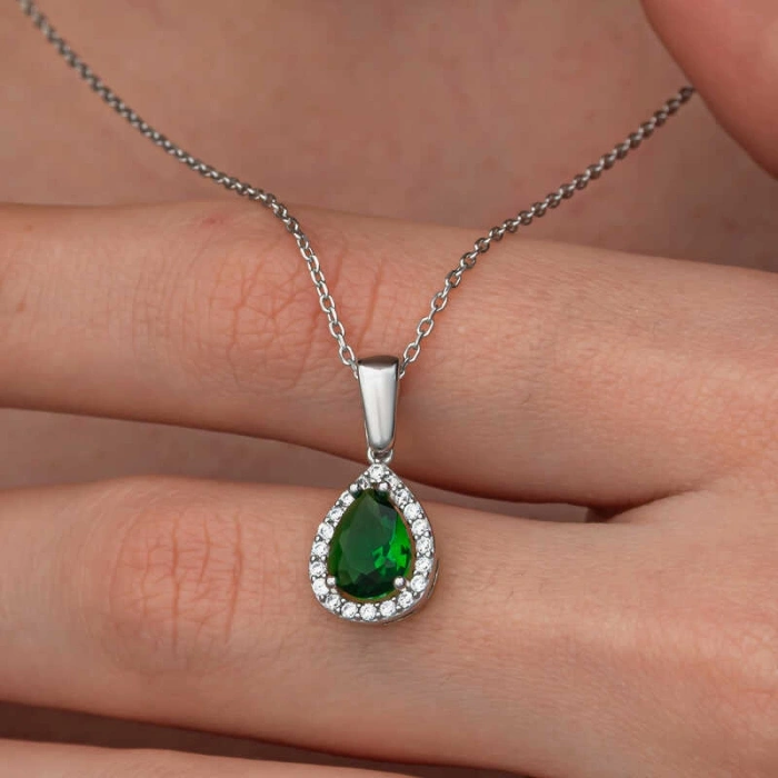 Kadın Gümüş Damla Zümrüt Taşlı Kadın Kolye