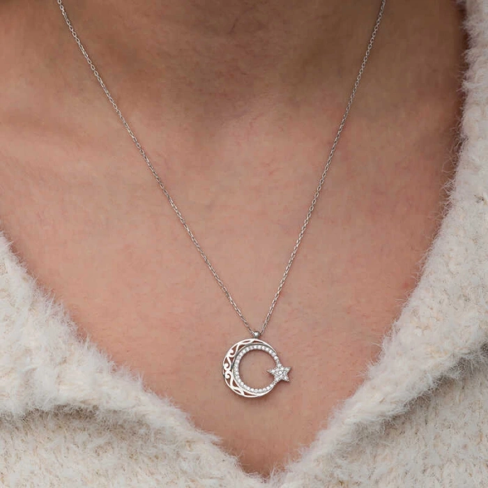 Kadın Gümüş Desenli Ay Yıldız Kadın Kolye