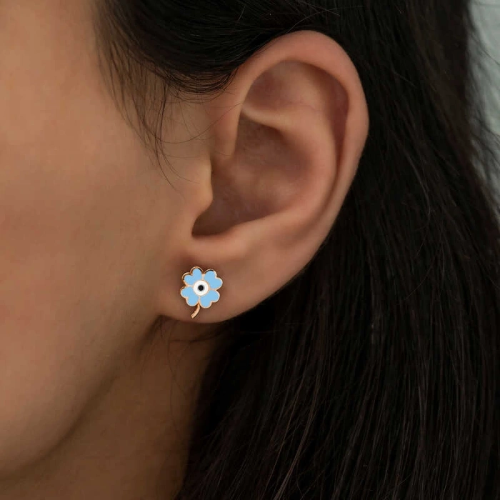 Kadın Gümüş Fosforlu Mavi Yonca Küpe