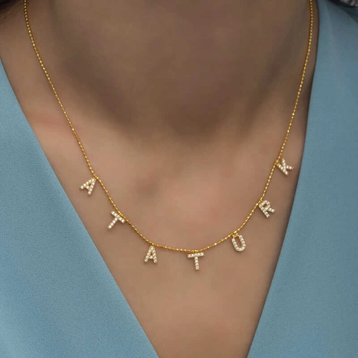 Kadın Gümüş Gold Atatürk Yazılı Bayan Kolye