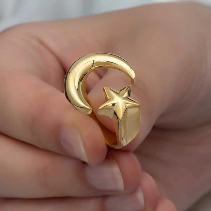 Kadın Gümüş Gold Ay Yıldız Kadın Yüzük