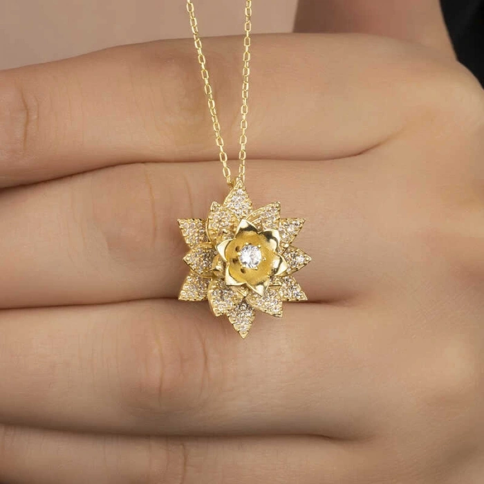 Kadın Gümüş Gold Beyaz Taşlı Lotus Çiçeği Kadın Kolye