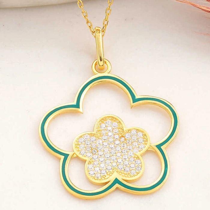 Kadın ​Gümüş Gold Çiçek Desenli Kadın Kolye