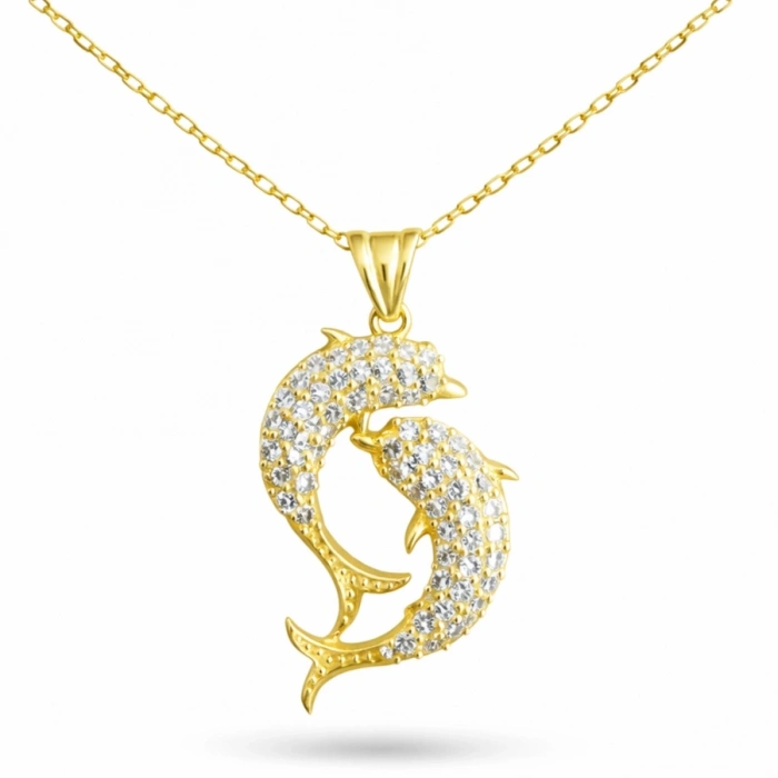 Kadın Gümüş Gold Çift Yunus Balığı Kadın Kolye