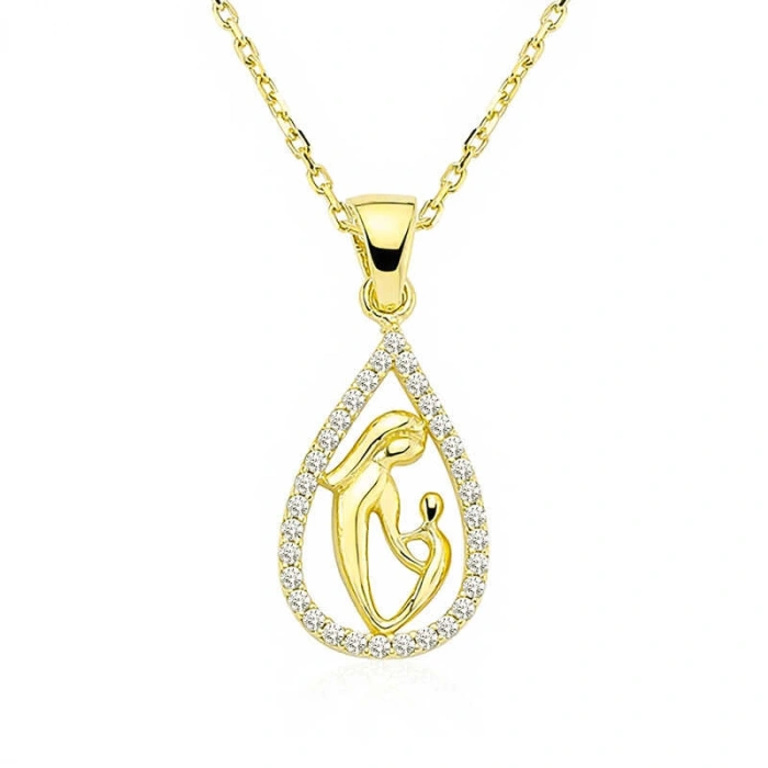 Kadın Gümüş Gold Damla Anne Çocuk Kolyesi