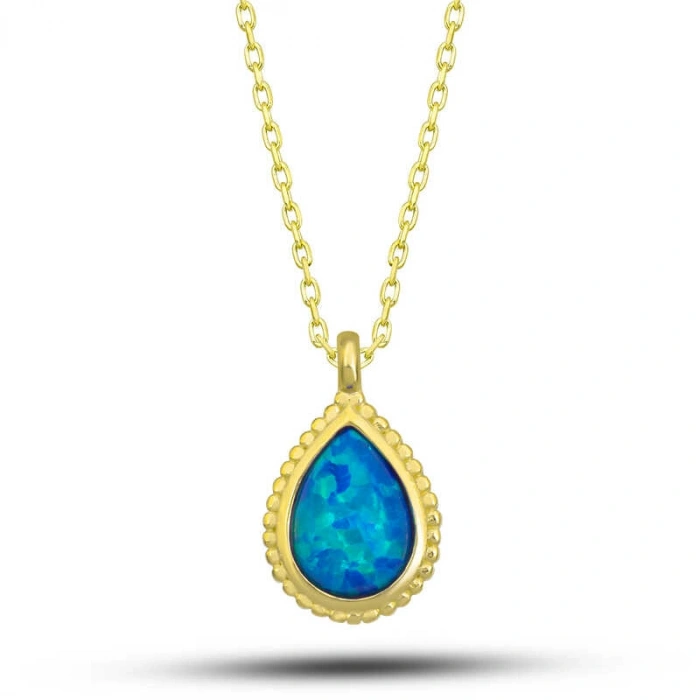 Kadın Gümüş Gold Damla Mavi Opal Taşlı Kadın Kolye