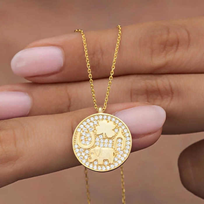 Kadın Gümüş Gold Fil Motifli Şans Kadın Kolye