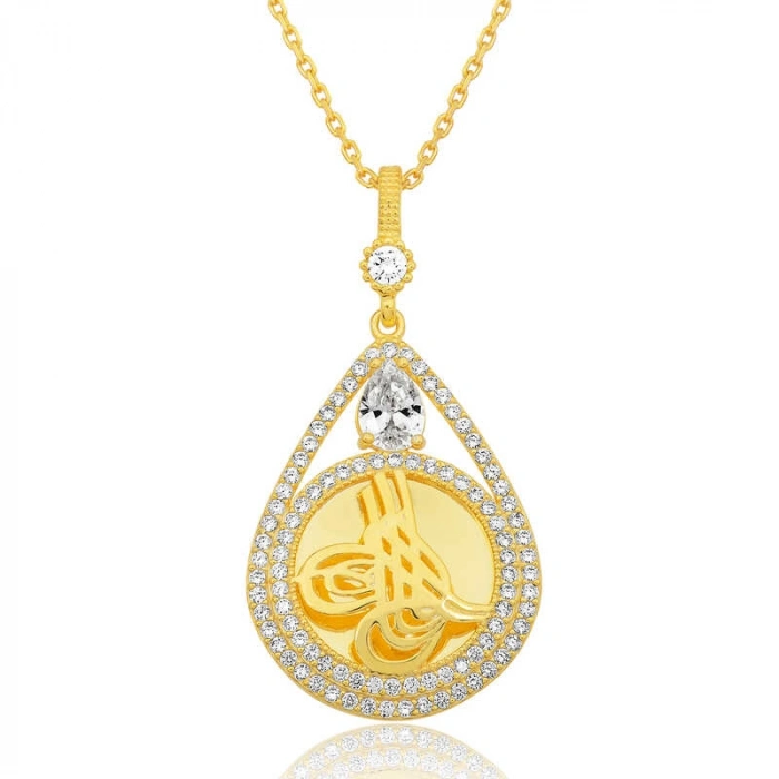 Kadın Gümüş Gold Kaplama Damla Tuğralı Kadın Kolye