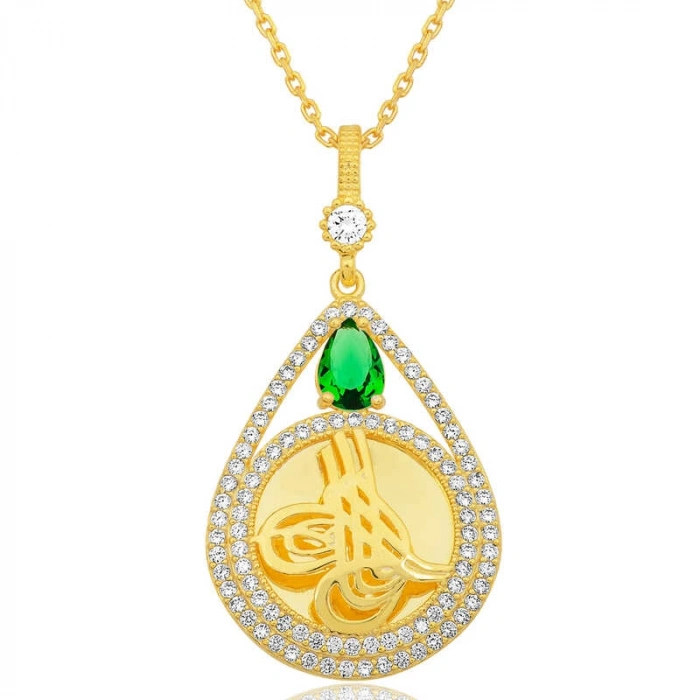 Kadın Gümüş Gold Kaplama Damla Tuğralı Kadın Kolye