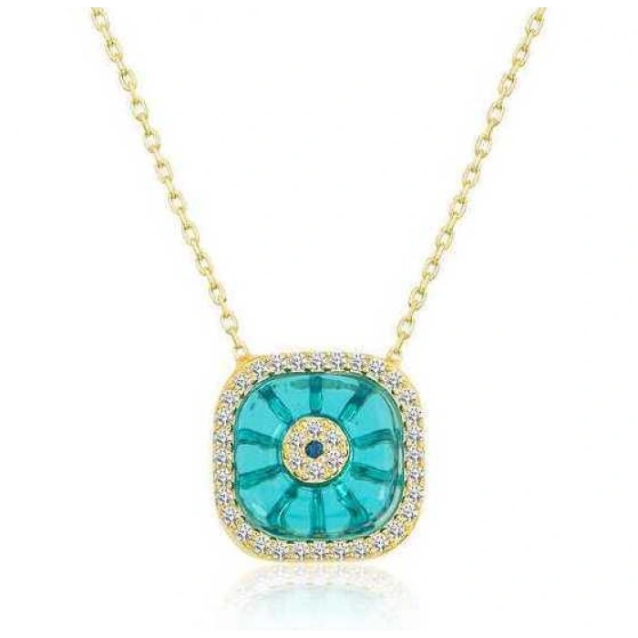 Kadın Gümüş Gold Kare Camgöz Nazar Bayan Kolye