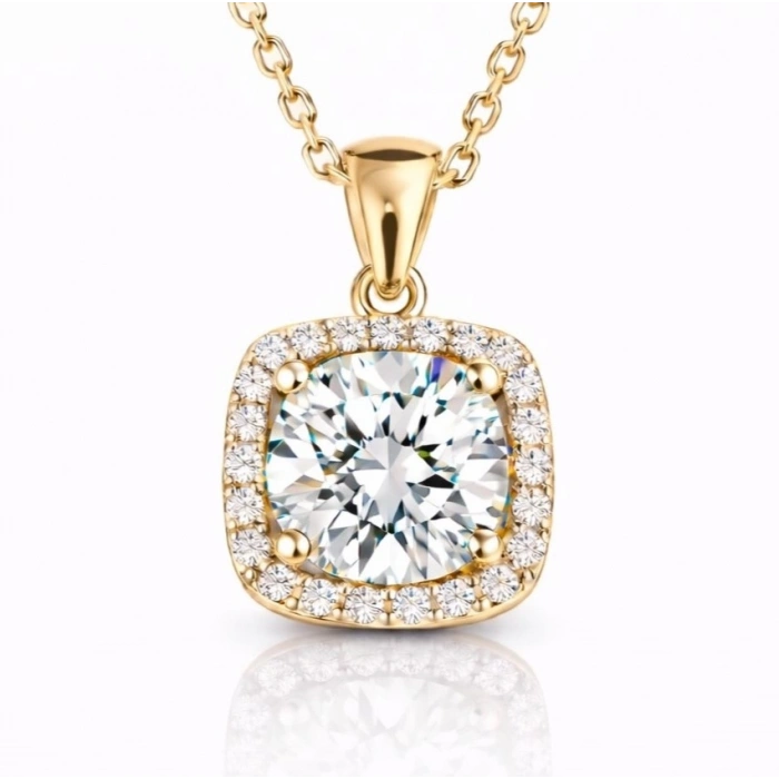 Kadın Gümüş Gold Kare Montür Tek Taş Kolye