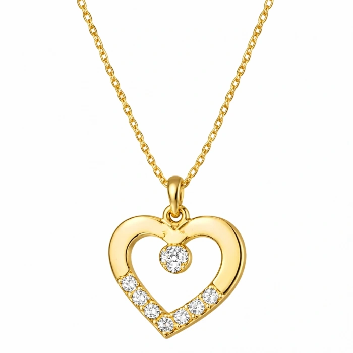 Kadın Gümüş Gold Minik Kalpli Tektaş Kadın Kolye