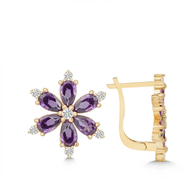 Kadın Gümüş Gold Mor Lotus Çiçeği Kadın Küpe