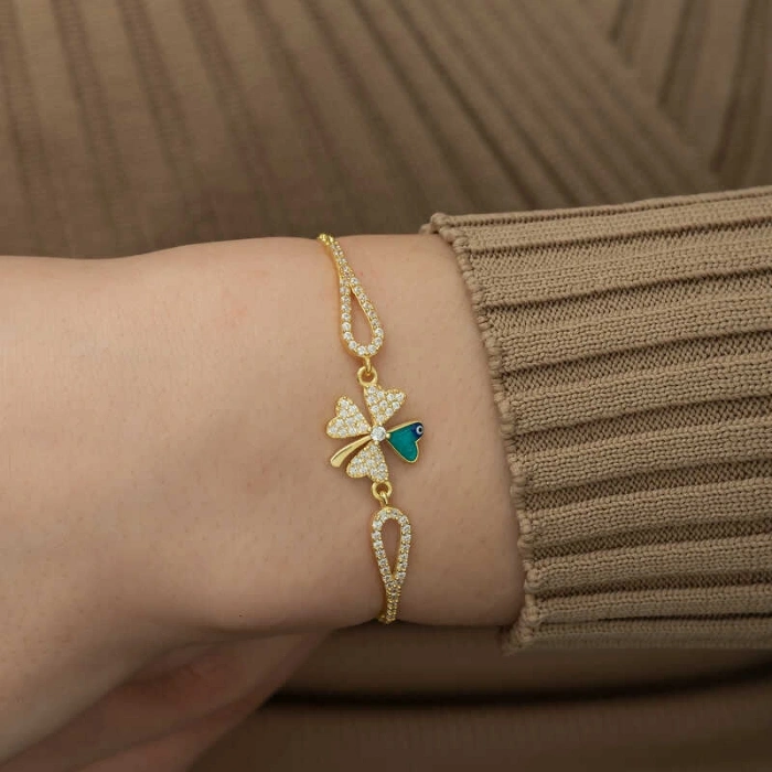 Kadın Gümüş Gold Nazarlı Yonca Bileklik