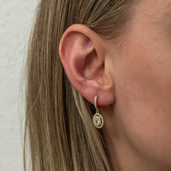 Kadın Gümüş Gold Oval Taşlı Sallantılı Küpe