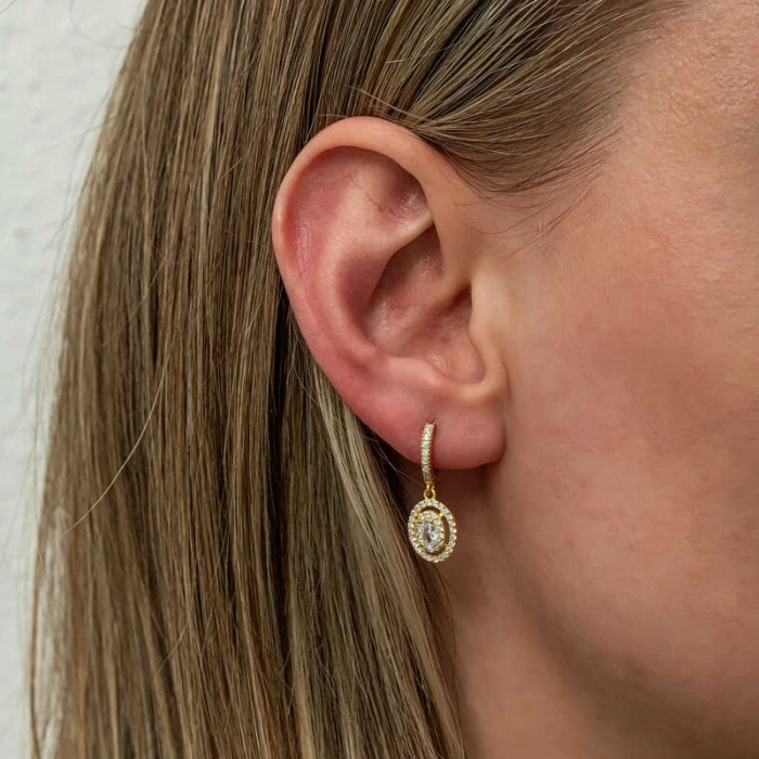 Kadın Gümüş Gold Oval Taşlı Sallantılı Küpe