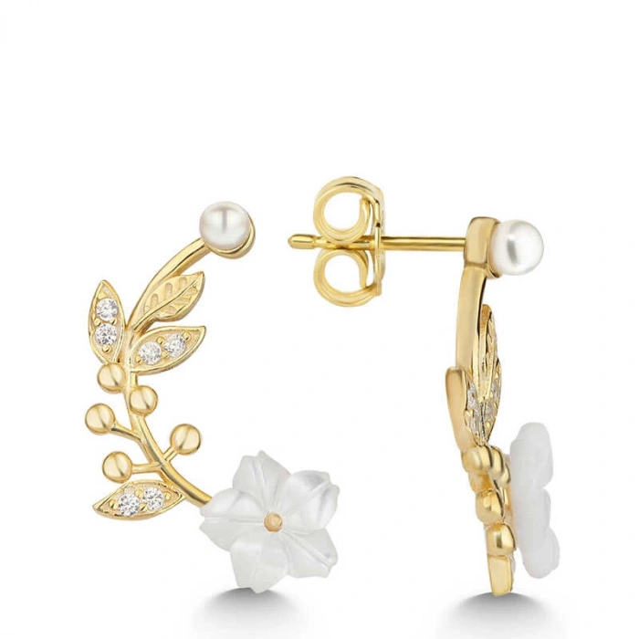 Kadın Gümüş Gold Sedef Çiçek Çivili Kadın Küpe