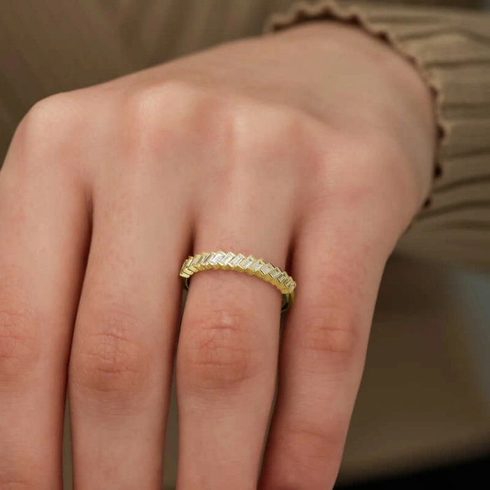 Kadın ​​Gümüş Gold Sıralı Baget Taşlı Bayan Yüzük