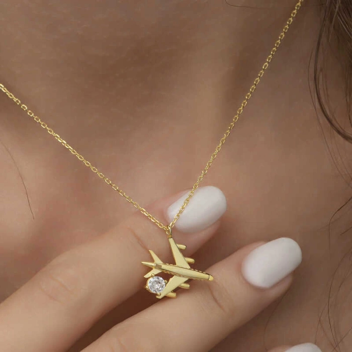 Kadın Gümüş Gold Tek Taşlı Uçak Kadın Kolye