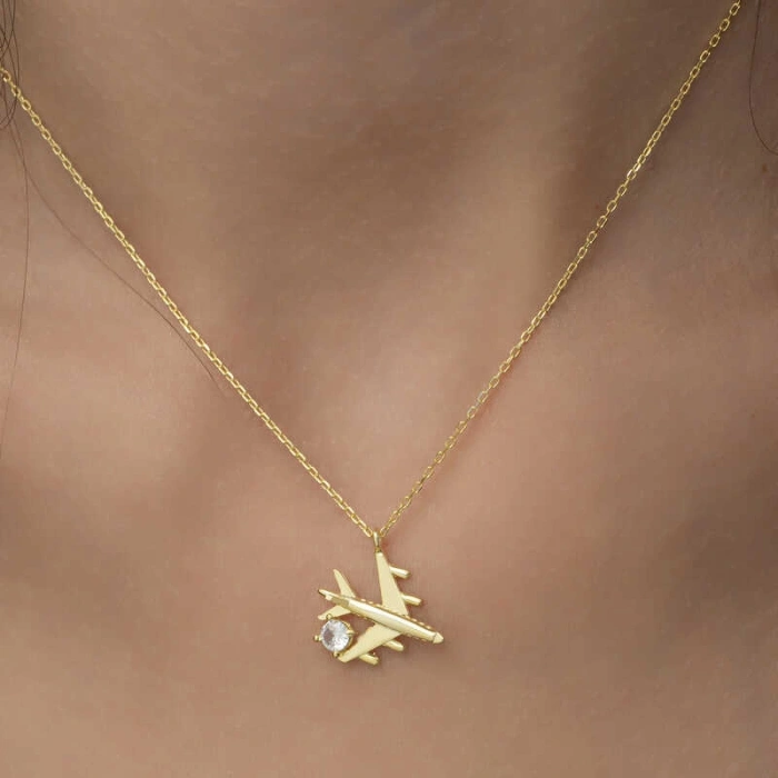 Kadın Gümüş Gold Tek Taşlı Uçak Kadın Kolye