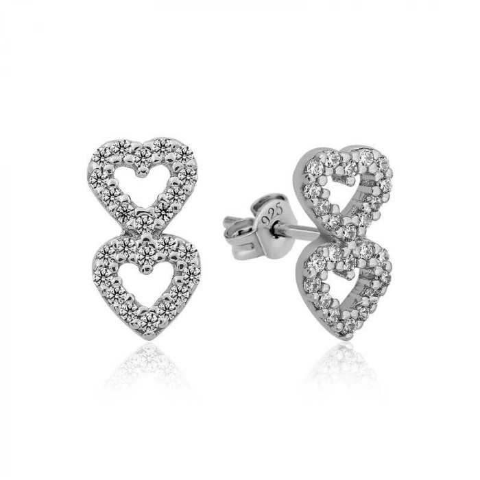 Kadın ​Gümüş İki Kalp Çivili Bayan Küpe