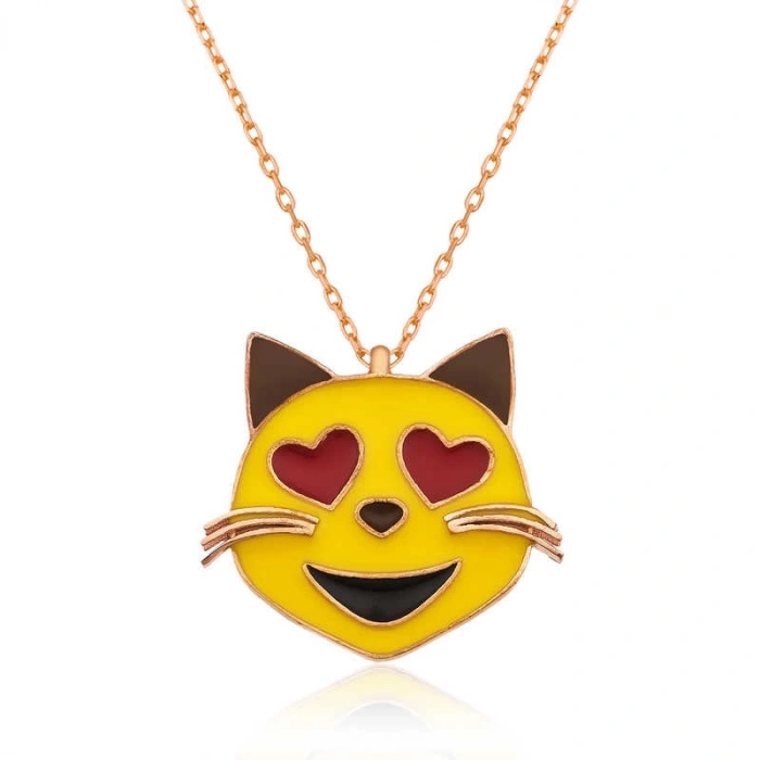 Kadın Gümüş Kalp Gözlü Kedi Emoji Bayan Kolye