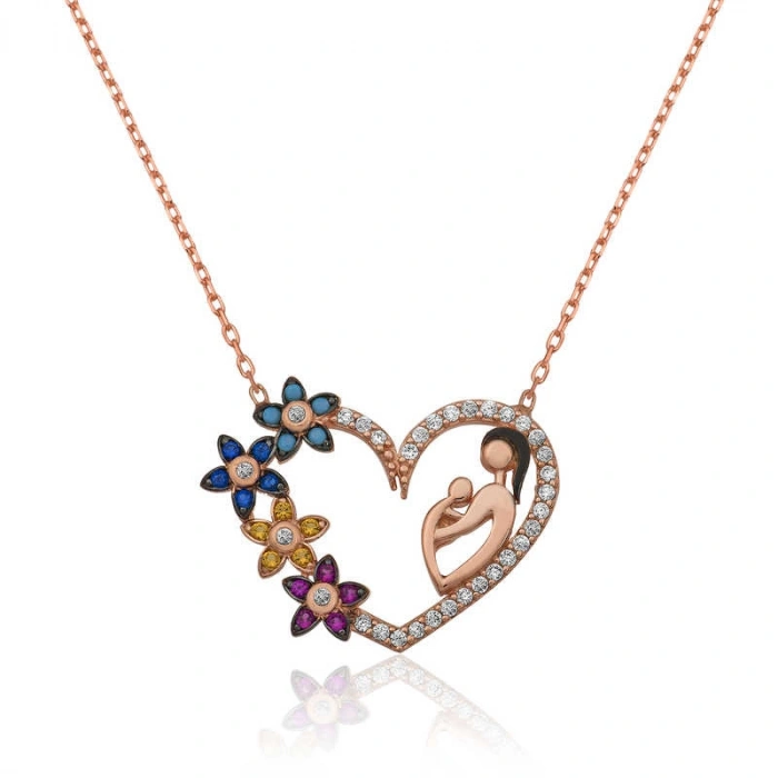 Kadın Gümüş Kalpli Anne Çocuk Bayan Kolye