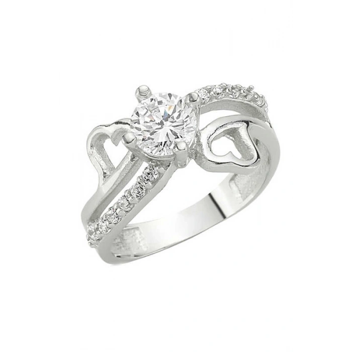 Kadın Gümüş Kalpli Tek Taş Bayan Yüzük