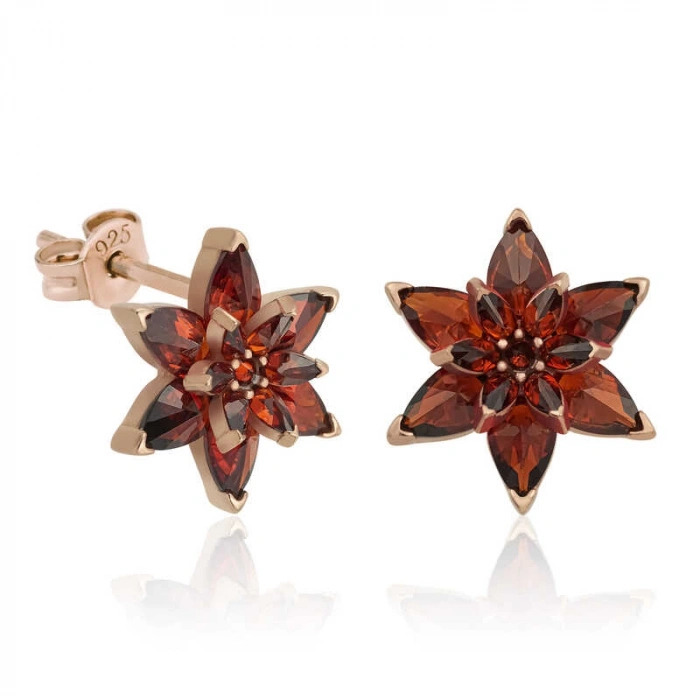 Kadın Gümüş Kırmızı Lotus Çiçeği Çivili Küpe