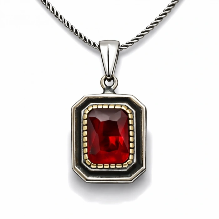 Kadın Gümüş Kırmızı Taşlı Dikdörtgen Kadın Kolye
