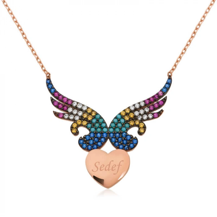 Kadın Gümüş Kişiye Özel İsimli Kanatlı Kalp Bayan Kolye