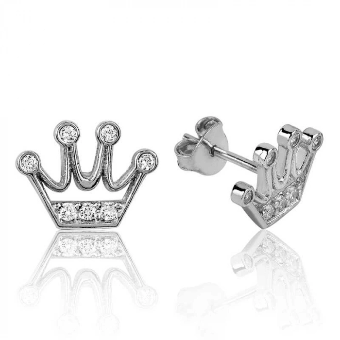 Kadın Gümüş Kraliçe Tacı Çivili Küpe