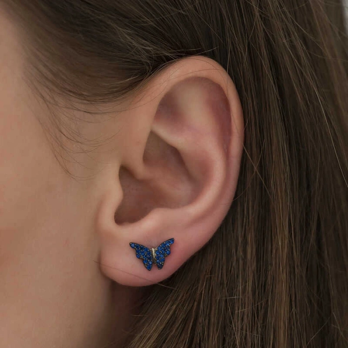 Kadın Gümüş Lacivert Kelebek Küpe