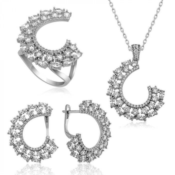 Kadın Gümüş Markiz Taşlı Bayan Set