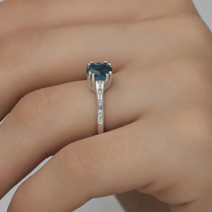 Kadın Gümüş Mavi Baget Tek Taş Kadın Yüzük