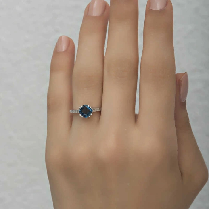 Kadın Gümüş Mavi Baget Tek Taş Kadın Yüzük