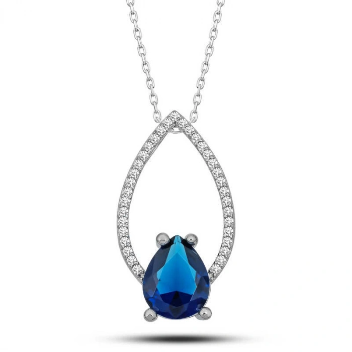 Kadın Gümüş Mavi Taşlı Damla Kadın Kolye