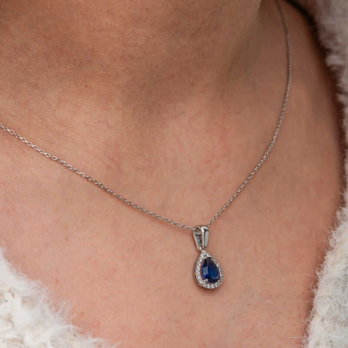 Kadın Gümüş Mavi Taşlı Damla Kadın Kolye