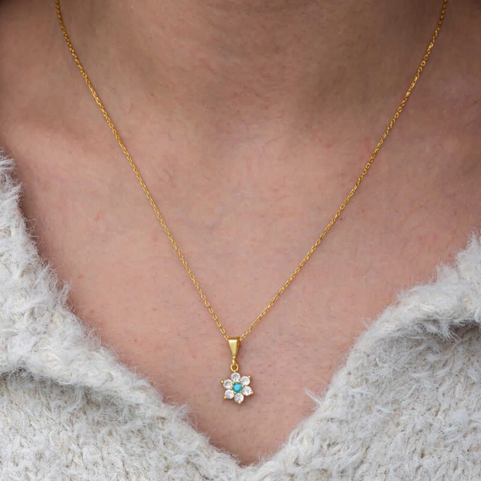 Kadın Gümüş Mavi Taşlı Gold Çiçek Kadın Kolye