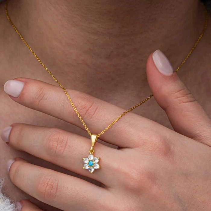 Kadın Gümüş Mavi Taşlı Gold Çiçek Kadın Kolye