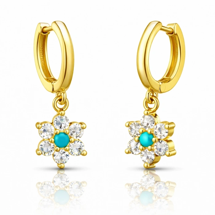 Kadın Gümüş Mavi Taşlı Gold Çiçek Kadın Küpe
