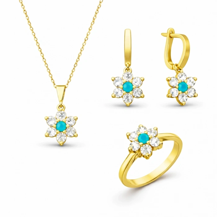 Kadın Gümüş Mavi Taşlı Gold Çiçek Kadın Set