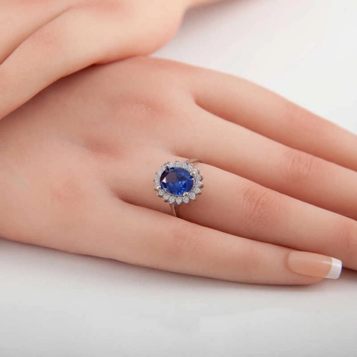 Kadın Gümüş Mavi Taşlı Oval Kadın Yüzük