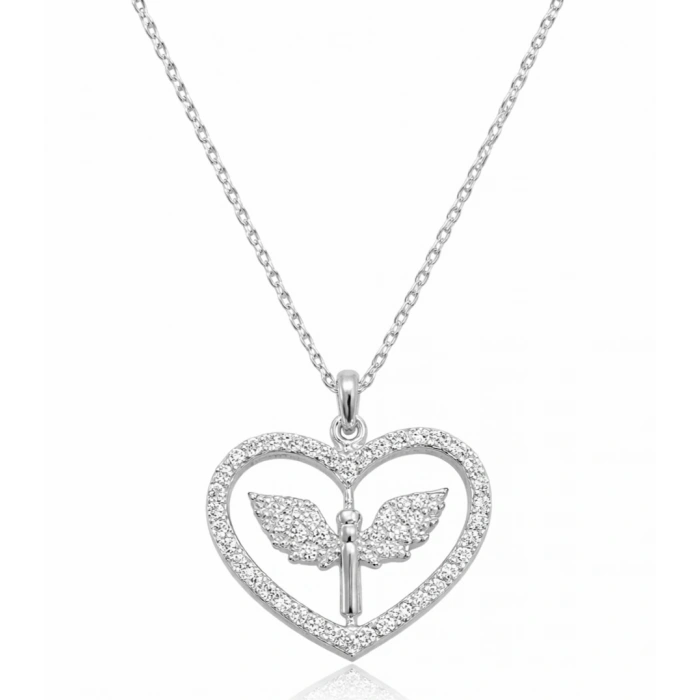Kadın Gümüş Mikail Meleği Figürlü Kalp Kadın Kolye