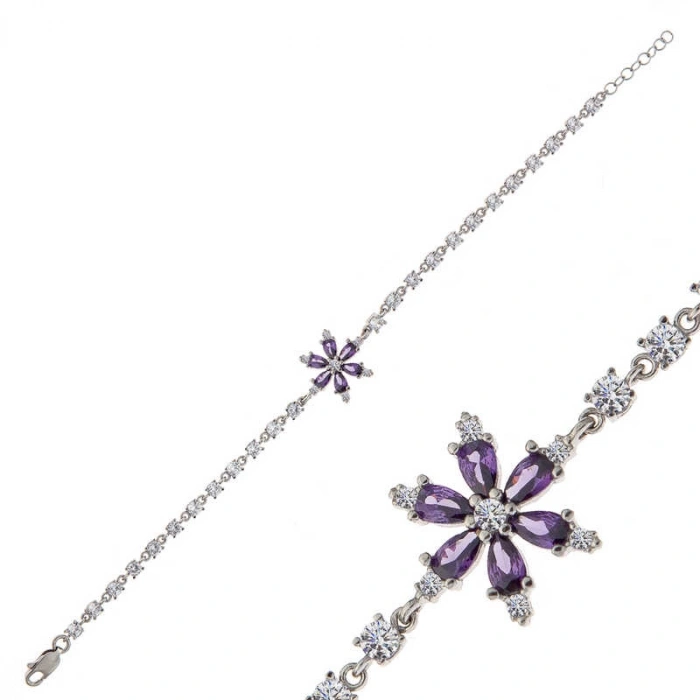 Kadın Gümüş Mor Lotus Çiçeği Kadın Bileklik