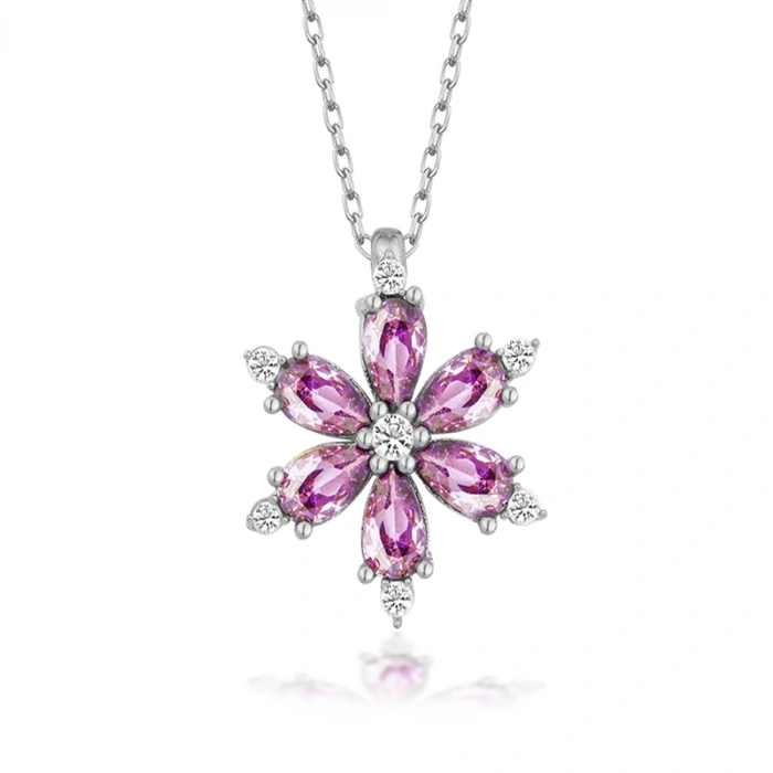 Kadın Gümüş Mor Lotus Çiçeği Kadın Kolye