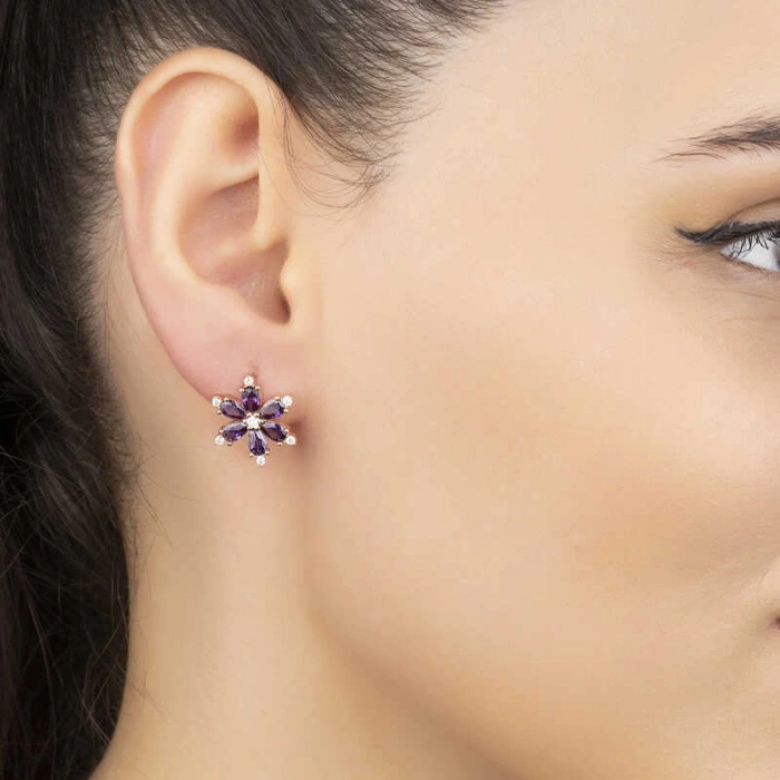 Kadın Gümüş Mor Lotus Çiçeği Kadın Küpe