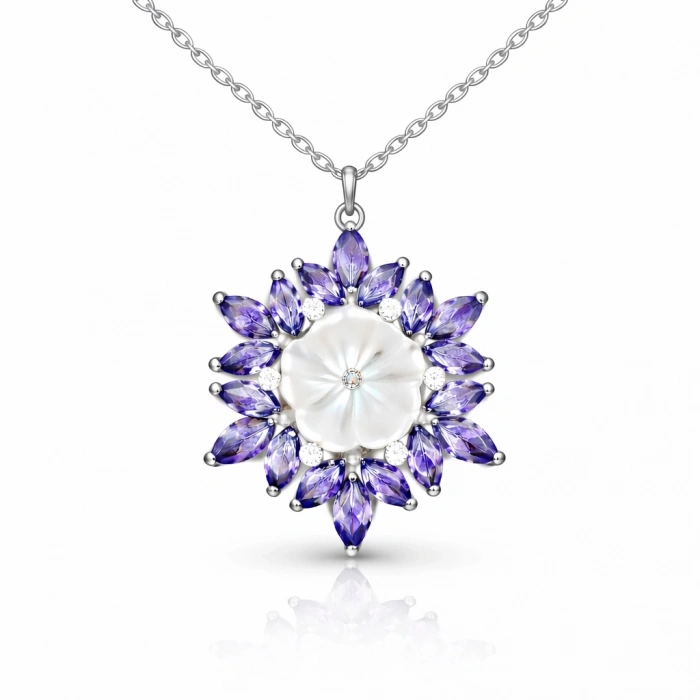Kadın Gümüş Mor Lotus Desenli Çiçek Kadın Kolye